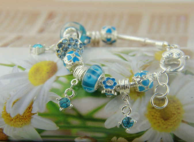 925 Silver Charm Bracelets for Women Flower Blue Crystal Murano Glass Beads Jewelry