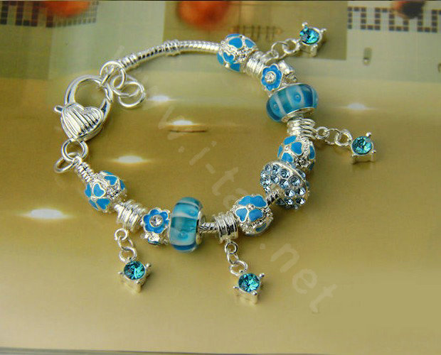 925 Silver Charm Bracelets for Women Flower Blue Crystal Murano Glass Beads Jewelry