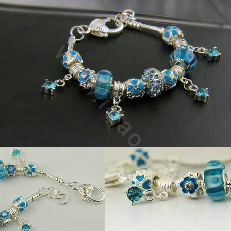 925 Silver Charm Bracelets for Women Flower Blue Crystal Murano Glass Beads Jewelry