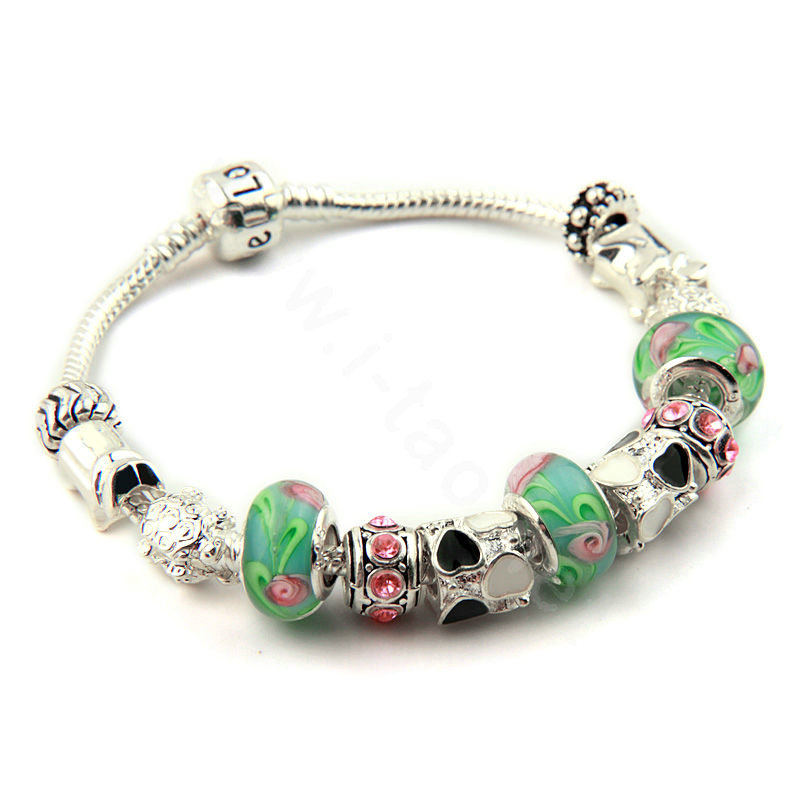 925 Silver Charm Bracelets for Women Flower Green Crystal Murano Glass Beads Jewelry