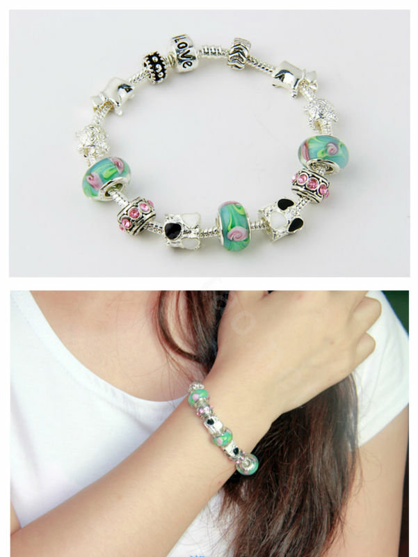 925 Silver Charm Bracelets for Women Flower Green Crystal Murano Glass Beads Jewelry