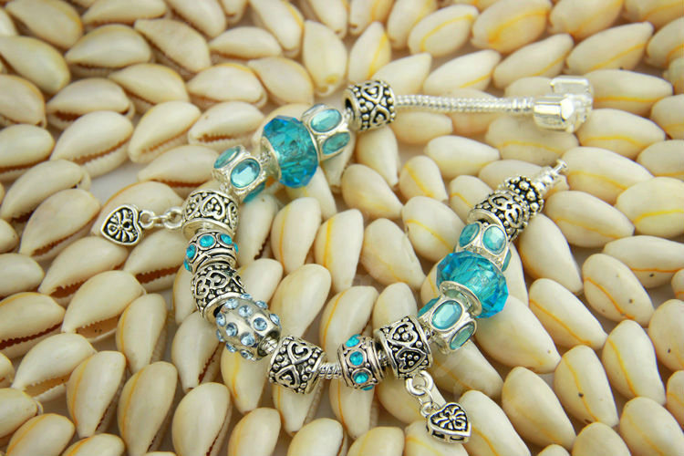 925 Silver Charm Bracelets for Women Heart Blue Crystal Murano Glass Beads Jewelry