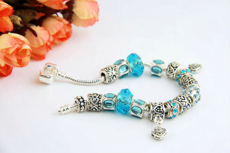 925 Silver Charm Bracelets for Women Heart Blue Crystal Murano Glass Beads Jewelry