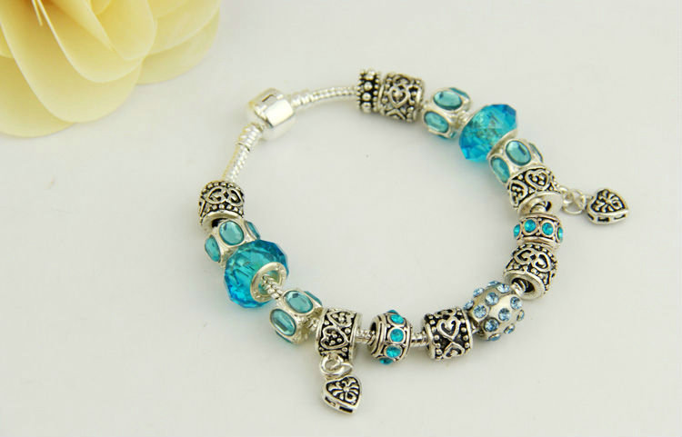 925 Silver Charm Bracelets for Women Heart Blue Crystal Murano Glass Beads Jewelry