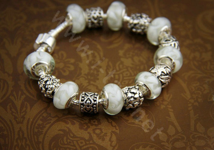 925 Silver Charm Bracelets for Women White Crystal Murano Glass Beads Jewelry
