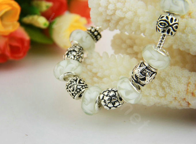 925 Silver Charm Bracelets for Women White Crystal Murano Glass Beads Jewelry
