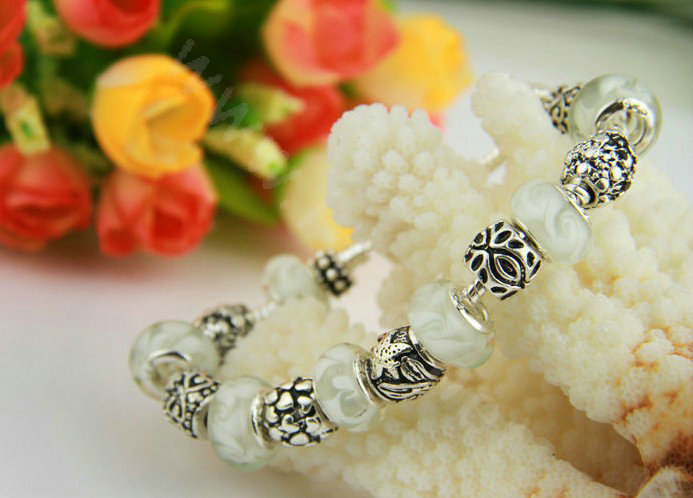 925 Silver Charm Bracelets for Women White Crystal Murano Glass Beads Jewelry