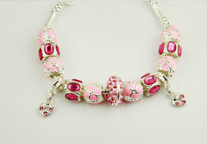 925 Silver Charm Pan Bracelets for Women Pink Crystal Murano Glass Beads Jewelry