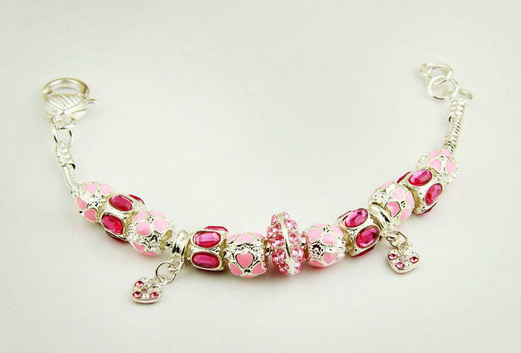 925 Silver Charm Pan Bracelets for Women Pink Crystal Murano Glass Beads Jewelry