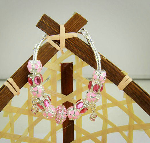 925 Silver Charm Pan Bracelets for Women Pink Crystal Murano Glass Beads Jewelry