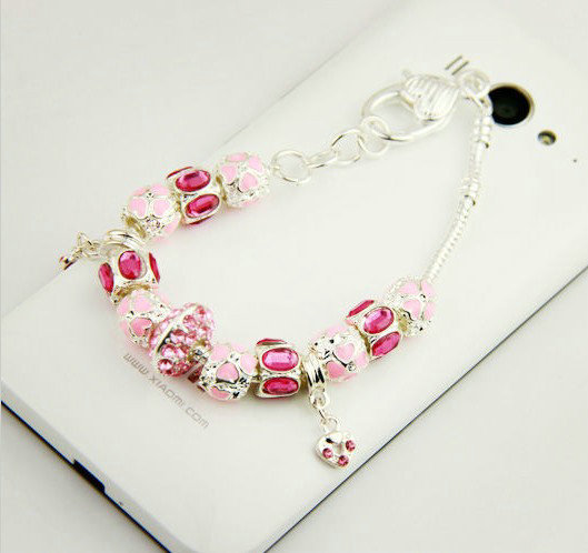 925 Silver Charm Pan Bracelets for Women Pink Crystal Murano Glass Beads Jewelry