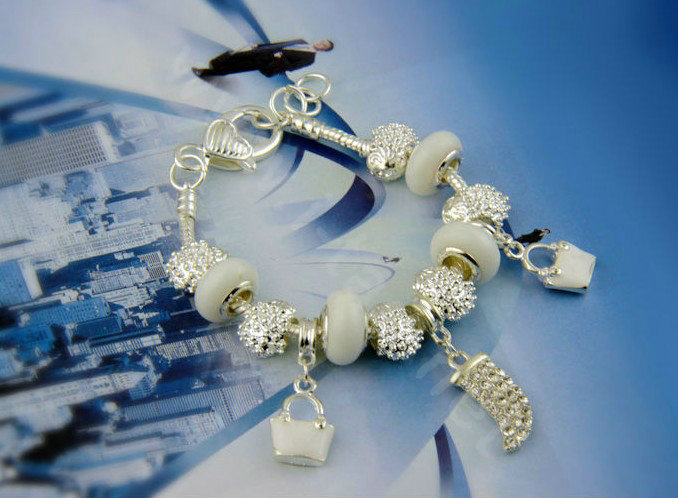 925 Silver Crystal Charm Bracelets for Women Snake Chain White Murano Glass Beads Jewelry