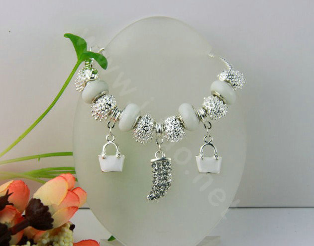 925 Silver Crystal Charm Bracelets for Women Snake Chain White Murano Glass Beads Jewelry