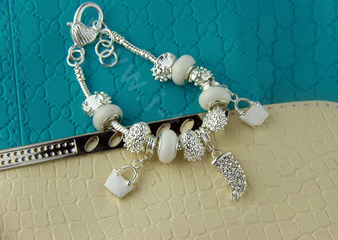 925 Silver Crystal Charm Bracelets for Women Snake Chain White Murano Glass Beads Jewelry