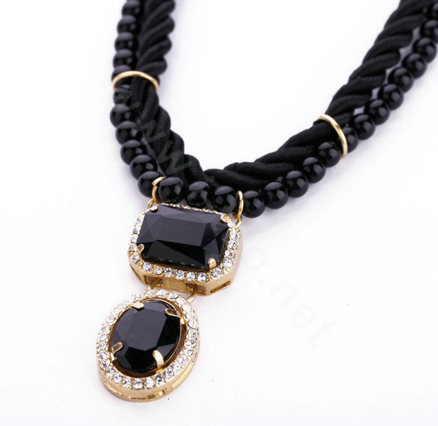 Crystal Gemstone Black Pearl charm Pendant Woven rope Choker Statement Necklace Women Jewelry