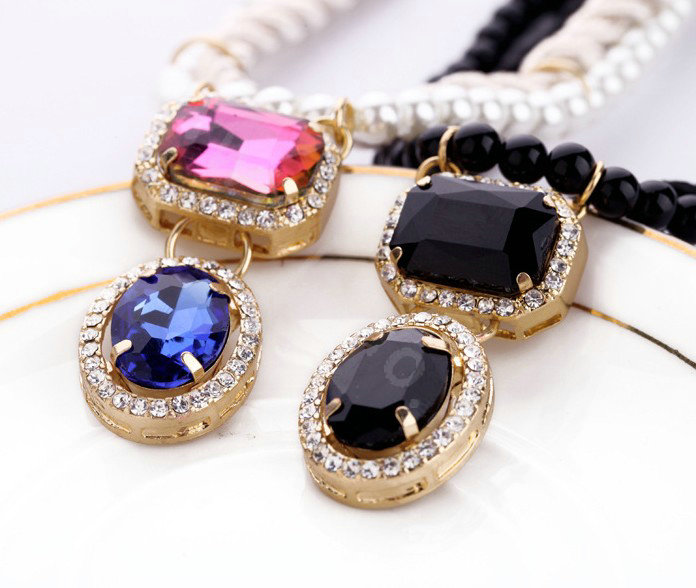 Crystal Gemstone Black Pearl charm Pendant Woven rope Choker Statement Necklace Women Jewelry