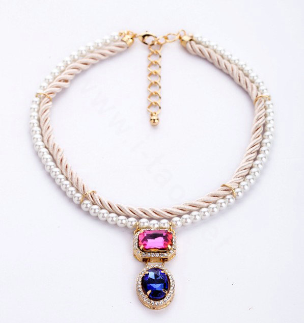 Crystal Gemstone White Pearl charm Pendant Woven rope Choker Statement Necklace Women Jewelry