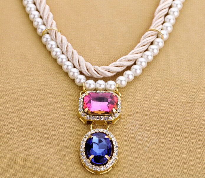 Crystal Gemstone White Pearl charm Pendant Woven rope Choker Statement Necklace Women Jewelry