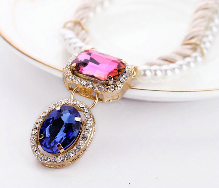 Crystal Gemstone White Pearl charm Pendant Woven rope Choker Statement Necklace Women Jewelry