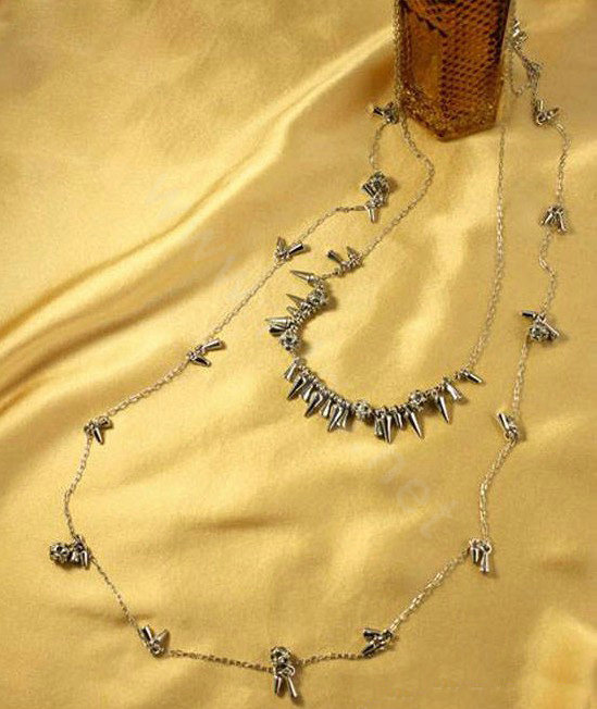 Fashion Punk Rivet crystal ball Pendant Choker long Bib Statement Necklace Women Jewelry - Silver