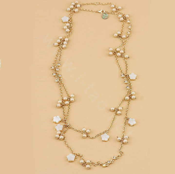 Fashion Women Luxury Choker Crystal Pearl Flower long Necklace Jewelry gold plated - White