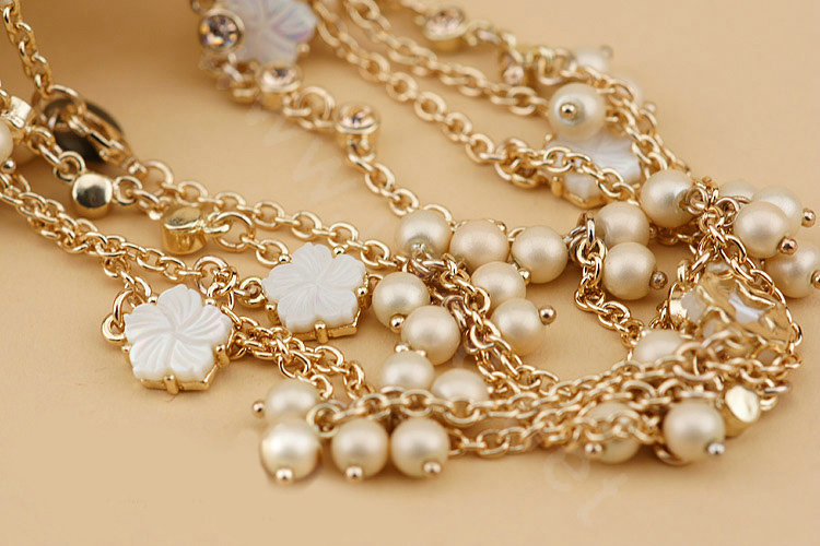Fashion Women Luxury Choker Crystal Pearl Flower long Necklace Jewelry gold plated - White