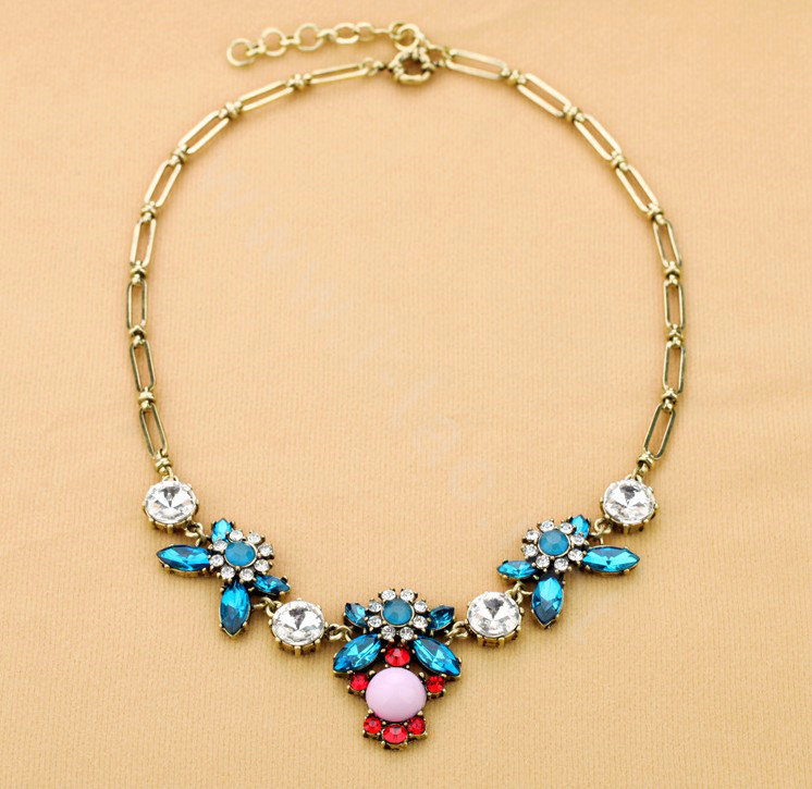 Luxury Blue Crystal Alloy Gemstone Flower Pendant Choker Bib Statement Necklace Women Jewelry