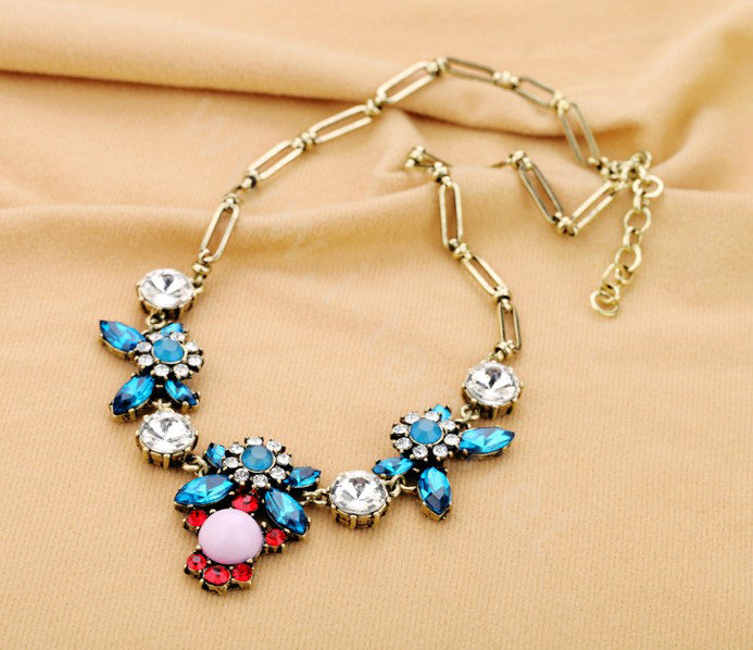 Luxury Blue Crystal Alloy Gemstone Flower Pendant Choker Bib Statement Necklace Women Jewelry