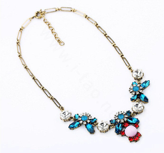 Luxury Blue Crystal Alloy Gemstone Flower Pendant Choker Bib Statement Necklace Women Jewelry