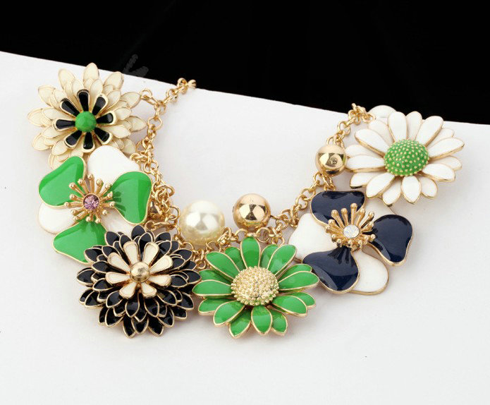 Luxury Crystal Alloy enamel Flower Pendant Choker Bib Statement Necklace Women Jewelry - Green