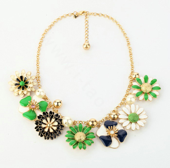 Luxury Crystal Alloy enamel Flower Pendant Choker Bib Statement Necklace Women Jewelry - Green