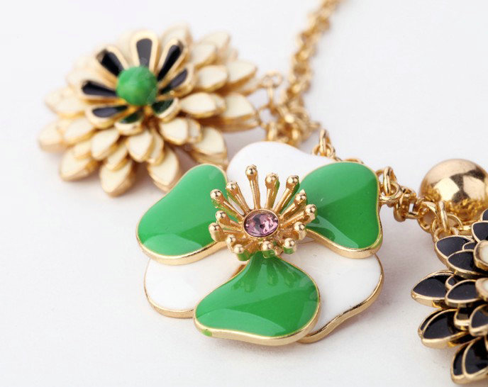Luxury Crystal Alloy enamel Flower Pendant Choker Bib Statement Necklace Women Jewelry - Green