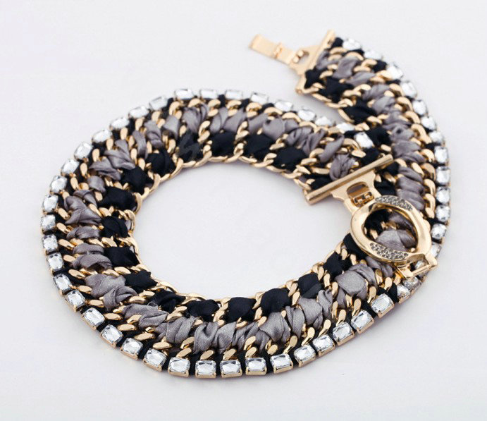 Luxury Crystal Alloy handwoven Pendant Choker Bib Statement Necklace Women Jewelry - Black