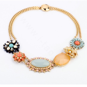 Luxury Crystal Blue Gemstone Alloy Flower Pendant Choker Bib Statement Necklace Women Jewelry
