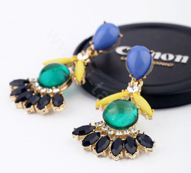 Luxury Crystal Blue Gemstone Flower Drop Stud Earrings Gold Plated Women Fashion Jewelry