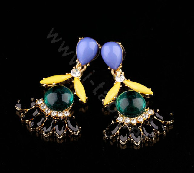 Luxury Crystal Blue Gemstone Flower Drop Stud Earrings Gold Plated Women Fashion Jewelry