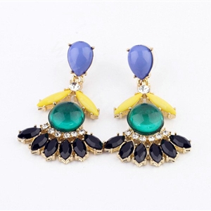 Luxury Crystal Blue Gemstone Flower Drop Stud Earrings Gold Plated Women Fashion Jewelry