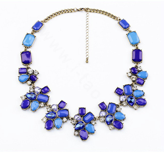 Luxury Crystal Blue Gemstone Flower charm Pendant Choker Bib Statement Necklace Women Jewelry