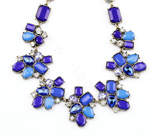 Luxury Crystal Blue Gemstone Flower charm Pendant Choker Bib Statement Necklace Women Jewelry