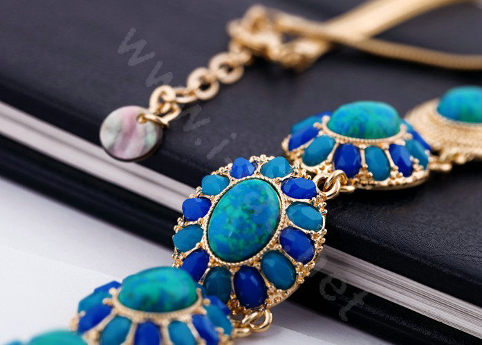 Luxury Crystal Blue Gemstone Pendant Choker long Unique Statement Necklace Women Jewelry