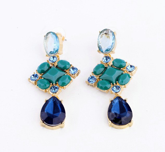 Luxury Crystal Blue Gemstone Raindrop Stud Earrings Gold Plated Women Fashion Jewelry