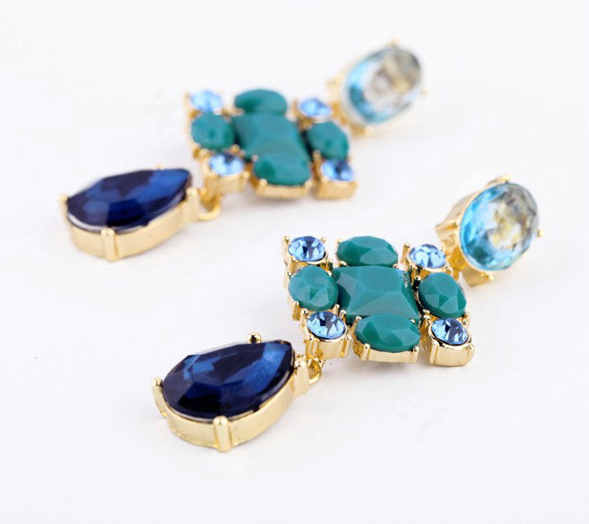 Luxury Crystal Blue Gemstone Raindrop Stud Earrings Gold Plated Women Fashion Jewelry