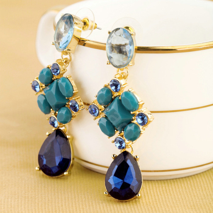 Luxury Crystal Blue Gemstone Raindrop Stud Earrings Gold Plated Women Fashion Jewelry