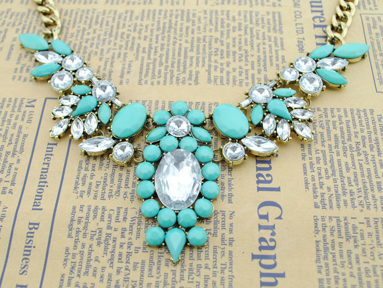 Luxury Crystal Flower Gemstone Pendant Choker Statement Bib Necklace Women Jewelry - Green