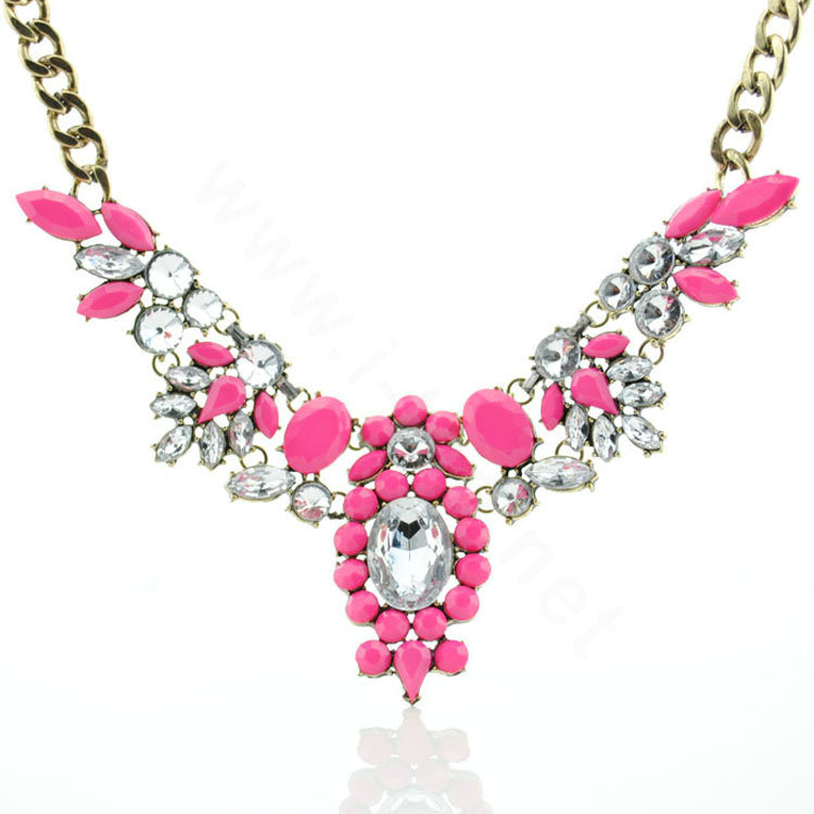 Luxury Crystal Flower Gemstone Pendant Choker Statement Bib Necklace Women Jewelry - Rose