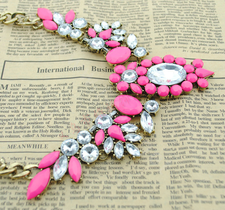 Luxury Crystal Flower Gemstone Pendant Choker Statement Bib Necklace Women Jewelry - Rose