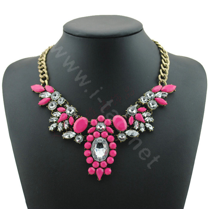 Luxury Crystal Flower Gemstone Pendant Choker Statement Bib Necklace Women Jewelry - Rose