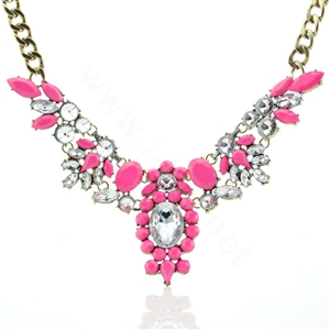 Luxury Crystal Flower Gemstone Pendant Choker Statement Bib Necklace Women Jewelry - Rose