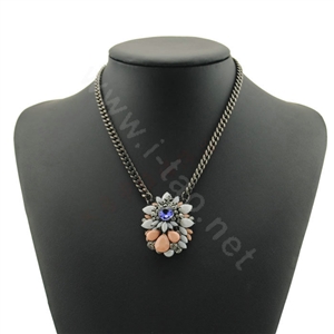 Luxury Crystal Flower Gemstone Pendant Choker Statement Necklace Women Jewelry - Pink+White