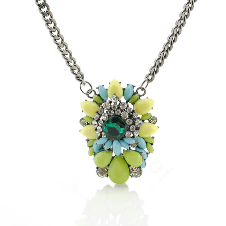 Luxury Crystal Flower Gemstone Pendant Choker Statement Necklace Women Jewelry - Yellow